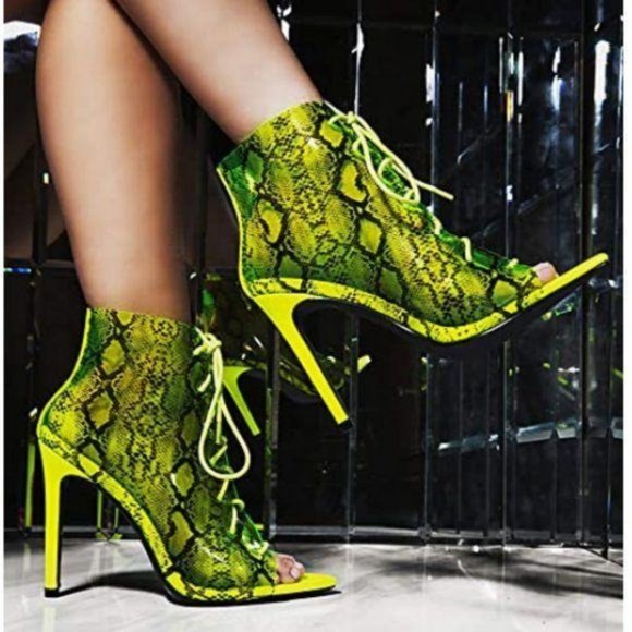 Lime Snake Transparent Lace Up Pep Toe Booties - Picture 9 of 9